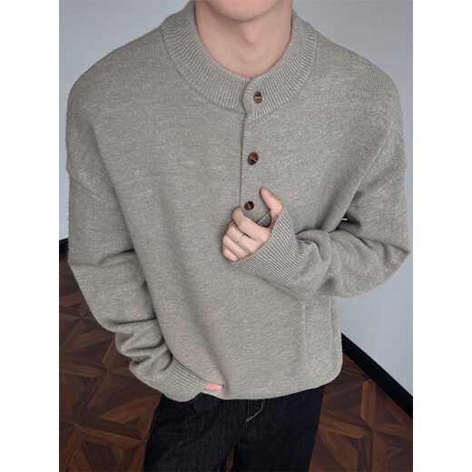 Jingsa Henry collar sweater men's autumn and winter loose button solid color inner layering shirt retro high-end casual sweater khaki XL