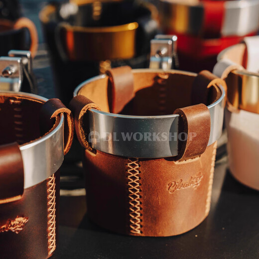 PJbaboo motorcycle retro water cup holder bicycle water bottle holder special water cup coffee cup holder milk tea holder wasteland black cowhide-metallic silver