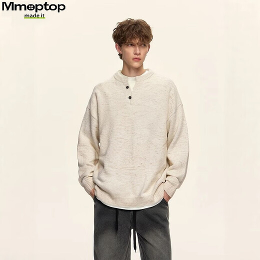 MMOPTOP relaxed henley collar pullover sweater autumn and winter men's coat containing sheep wool sweater MMY17 oatmeal gray L