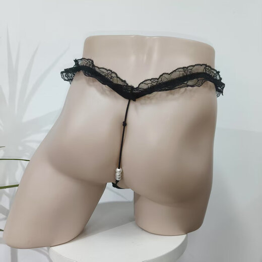 Sexy underwear men's lace sexy open-top temptation egg thong pearl massage low-waist hot transparent T-pants black one size