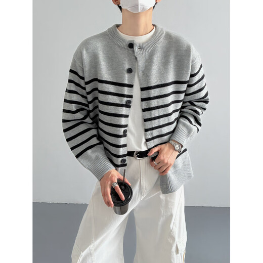 Lanlingfang autumn and winter Korean style fashionable vintage Henry collar contrast striped sweater cardigan for men and women loose simple knitted jacket trendy black striped M