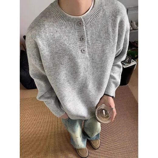 Xiaohongshu's same style gray American Henry collar sweater men's winter lazy style bottoming sweater cleanf light gray Henry collar M M95-115Jin Jin is equal to 0.5 kg