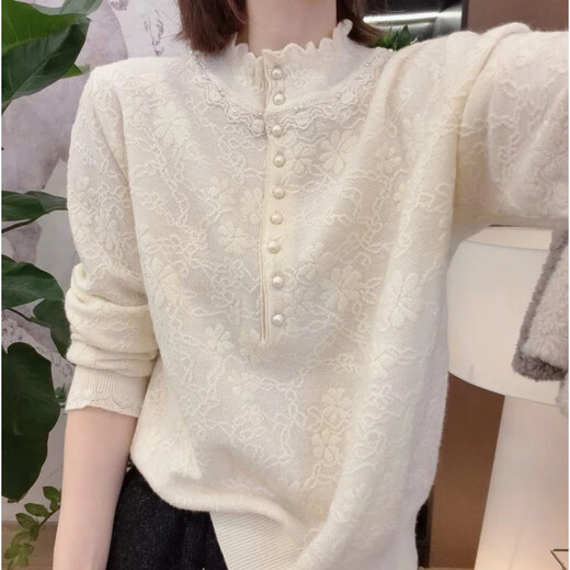High-end quality autumn and winter half turtleneck lace beading loose age-reducing slimming knitted bottoming shirt for women off-white (card size is large) one size XL (120-150Jin Jin is equal to 0.5 kg)