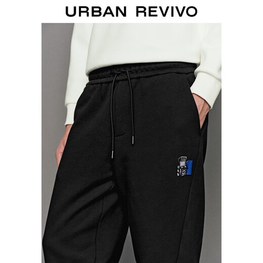 UR2025 new winter men's trendy embroidered elastic waist drawstring cotton straight pants UUV650054 black 29