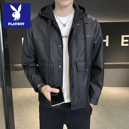 Playboy leather jacket for men 2025 new autumn and winter trendy brand handsome American fake two-piece detachable hooded plus fleece leather jacket light brown 4XL