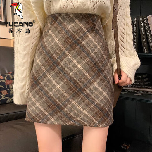 Woodpecker 2024 new autumn and winter woolen skirt college style retro high-waisted plaid skirt plaid hip-covering A-line skirt temperament brown elastic waist / inner trousers L recommended 105-120 Jin Jin equals 0.5 kg