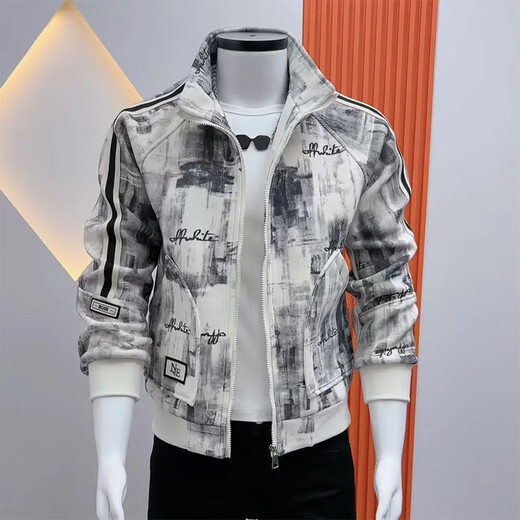 New men's jacket with retro pattern, fashion trend, versatile stand-up collar, slim and handsome casual top, autumn and winter green L (recommended 105-115Jin Jin equals 0.5kg)