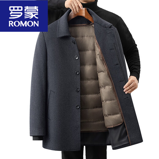 ROMON woolen coat men's autumn and winter thickened down liner dad winter wool woolen coat middle-aged and elderly navy blue wool coat + down liner XL 180 135-150Jin Jin equals 0.5 kg