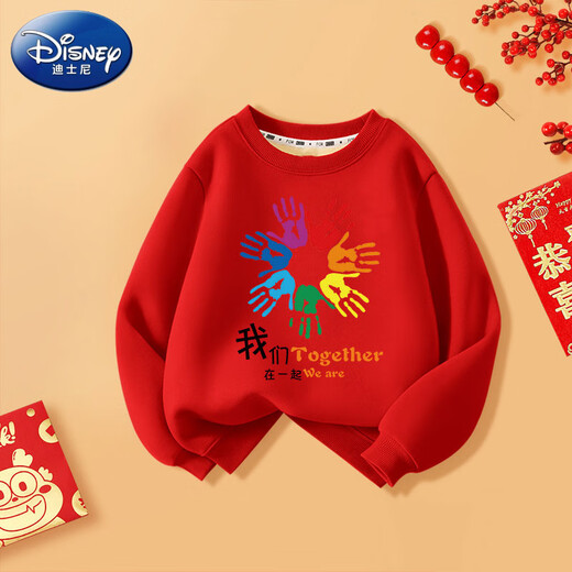 Disney (Disney) 2025 parent-child clothing for a family of three activity clothes plus velvet red sweatshirt early autumn children's clothing top group clothing red - simple smiley - plus velvet 150 cm