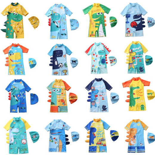 New children's swimsuit boy suit boy one-piece child small, medium and large children's swimsuit baby sun protection swimsuit dark green_white cloud green dinosaur 165 S_(70-80cm_15-20Jin Jin equals 0.5 kg)