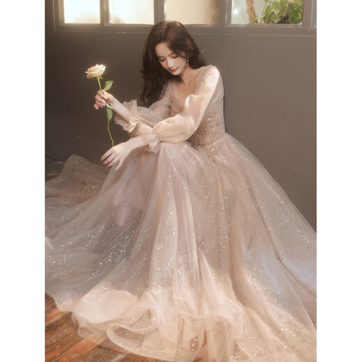 Chuangjingyi selects winter adult ceremony skirt evening dress for women 2025 new spring long-sleeved lady banquet temperament niche host strap long style_608 khaki XS