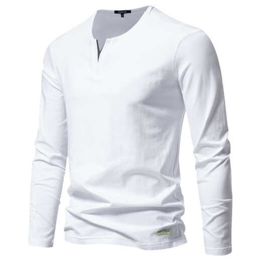 MLB&NY trendy brand v-neck right shoulder long-sleeved T-shirt 2025 new T-shirt for men with loose t-shirt bottoming shirt Henry collar top white S weight 90-120Jin Jin is equal to 0.5 kg