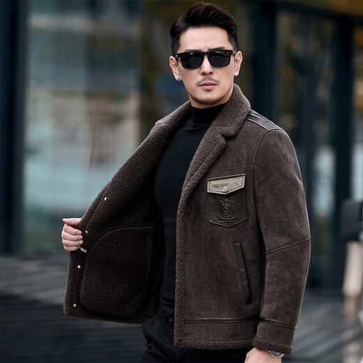 CJZ leather jacket men's parka winter plus velvet thickened jacket trendy warm fur integrated original ecological lamb wool light brown L