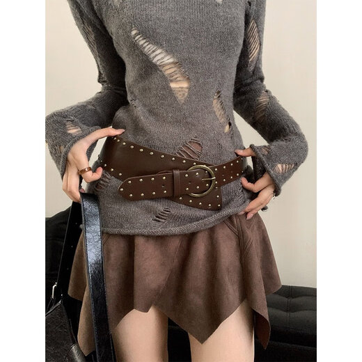 Hao Fanjie wide belt decoration women's brown girdle retro rivet belt sweater skirt coat jeans personalized accessories belt brown belt irregular rivets