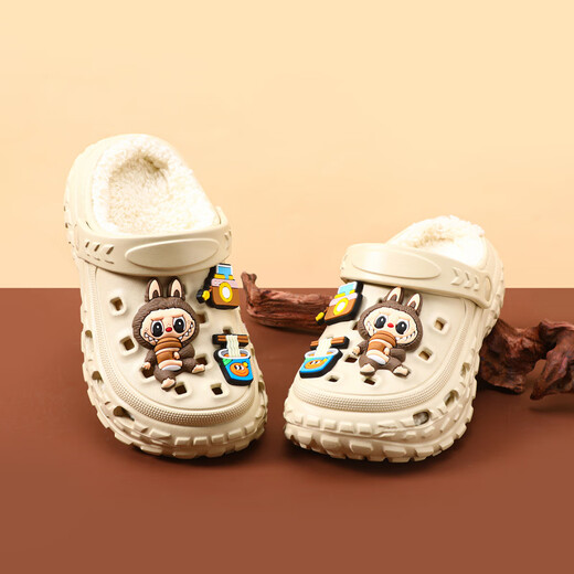 GOYN拉布布冬季加绒新款男童棉鞋居家室内防滑软底男孩宝宝儿童洞洞鞋 卡其色 24 _25