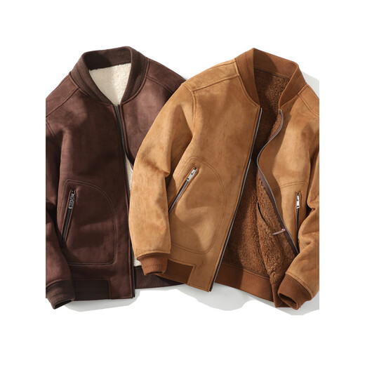 Yu Mengxindi frosted suede leather jacket for men in autumn and winter new suede wool jacket baseball jacket fur all-in-one jacket light brown L recommended 95/125 Jin Jin equals 0.5 kg