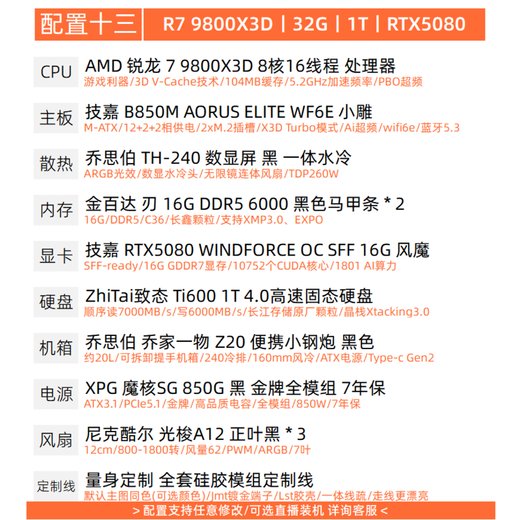 Gigabyte RTX5060/5070Ti/5080 desktop assembly computer host Qiao Sibo Z20 Mini ITX portable e-sports game design AMD complete machine Thirteen 9800X3D丨RTX5080丨Top model