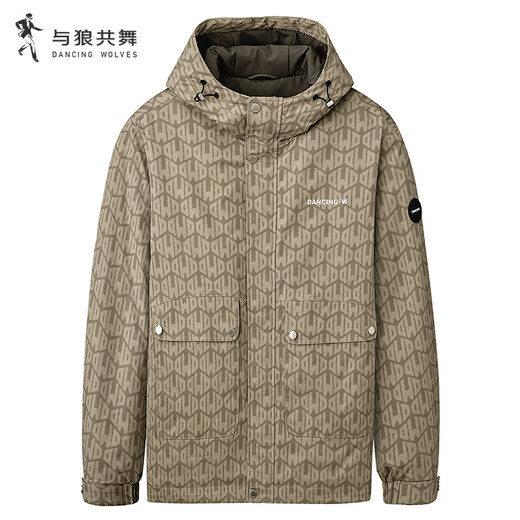 Dances with Wolves, quilted lining, stylish lettering printed all over lightweight jacket, warm men's hooded jacket, 701 Khaki 2XL