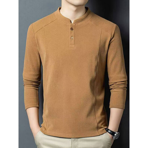 KUXA Tianjun Department Store Men's Wear 2025 New Business Sweater Double-sided German Velvet Bottoming Shirt Men's Henry Collar Long Sleeve Camel Yellow M (Recommended 90-115Jin Jin equals 0.5 kg)