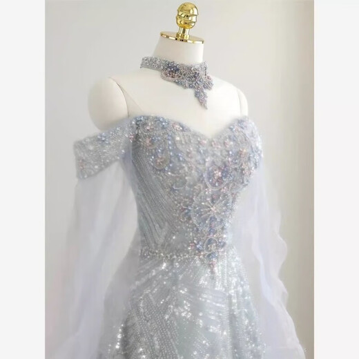 High-end banquet evening dress female fairy princess dress 2025 new adult ceremony 18th birthday performance host silver XS