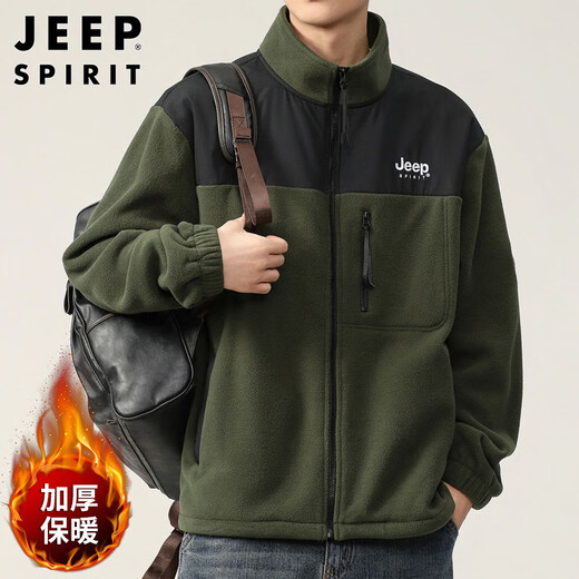 JEEP SPIRIT Jeep jacket men's autumn and winter sweatshirt men's polar fleece casual cardigan fleece clothes military green 2XL