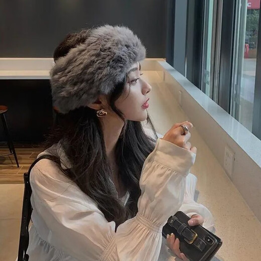 Qimei Lian forehead protection cold-proof fur hood autumn and winter warm windproof headband fashionable rabbit fur large head circumference sports ladies real rex rabbit fur beige
