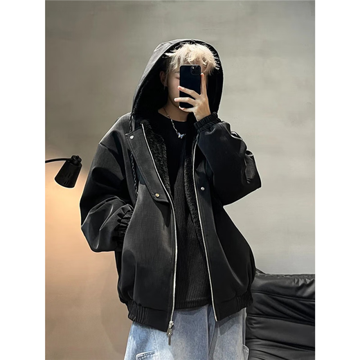 Jufeng American retro mountain carving leather jacket hooded cotton jacket men's winter velvet thickened jacket high-end cotton jacket black cotton upgraded model XL recommended 130-145Jin Jin equals 0.5 kg