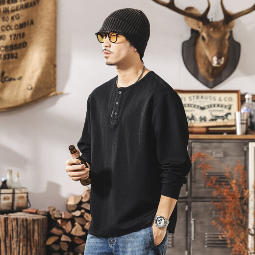 Pop Warm Autumn American Retro Henley Collar Polo Shirt Men's Long Sleeve Autumn New Tough Guy T-Shirt Men's Loose Black Black M _Suitable for 100-125Jin Jin equals 0.5 kg