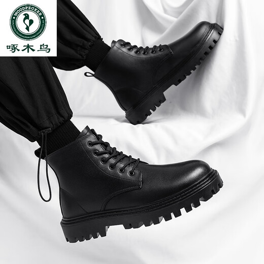 Woodpecker COS Comicausstellung Erhöhte Schuhe 12 cm Martin Boots Herren -Leder -Leder Britisch -Stil Unsichtbarer innerer Erhöhung 10 cm Motorradstiefel Schnalle + Seite Reißverschluss Schwarz 12 cm 40