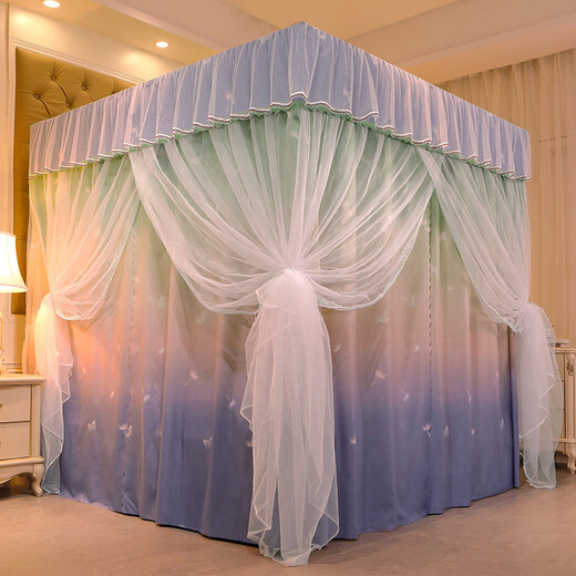 Yusenyi physical blackout bed curtain mosquito net all-in-one home bedroom floor-standing bed curtain with bracket 1.5m1.m full Dielianxinghe mosquito net + curtain + bracket with lamp 1.2 bed x 1.9m long thickened painted bracket