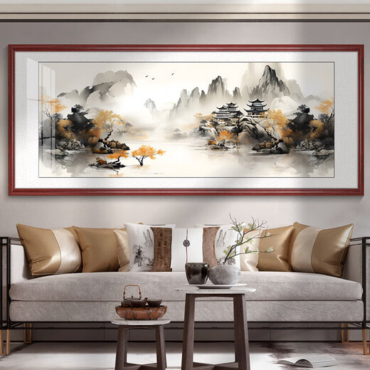Tranquility Zhiyuan tea room hanging painting landscape painting living room sofa background wall decoration painting office calligraphy and painting study room mural KB106 ink landscape 153X63CM high-end (dark walnut color) solid wood frame texture canvas surface