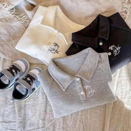 Boys long-sleeved polo shirt spring and autumn children's cartoon embroidery handsome casual lapel top Korean style loose sweatshirt white 110