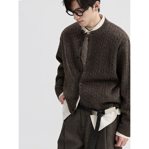 Earl Zall Jacquard Old Money Style Henry Round Neck Earl Zall 25 Autumn and Winter Sweater Cardigan Men's Wool Knitted Jacket Retro Brown S 165