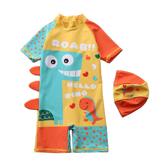 New children's swimsuit boy suit boy one-piece child small, medium and large children's swimsuit baby sun protection swimsuit dark green_white cloud green dinosaur 165 S_(70-80cm_15-20Jin Jin equals 0.5 kg)