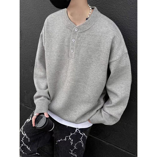 Jingsa American retro Henry collar sweater men's winter lazy style knitted bottoming shirt cleanfit warm inner top light gray XL