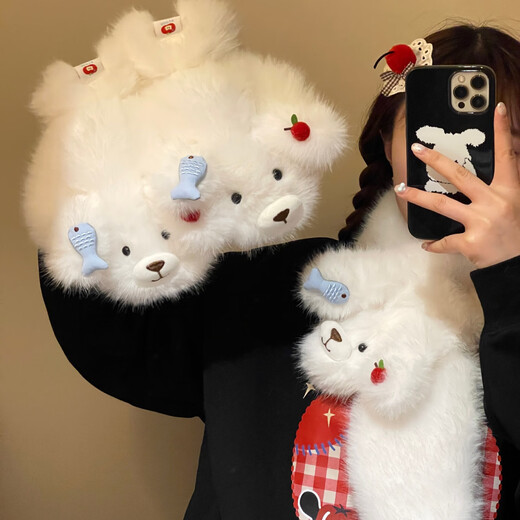 CTRLEND Plush Puppy Gloves for Women Winter Warm and Coldproof Student Cycling Cute Plush Thickened Cycling Hat Xiaoyu Cherry Dog Plush Scarf