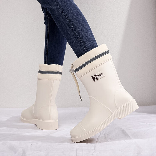 雨鞋女款新款耐磨时尚水鞋中筒束口防水雨靴成人厨房工作防滑胶鞋 001白色加防水口不可拆 38