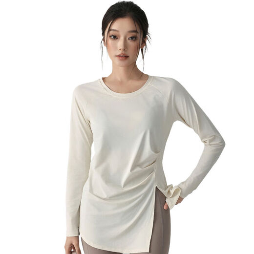 Yoga clothing top women's new blouse quick-drying long-sleeved sports T-shirt loose running training Pilates fitness clothing milk white S S