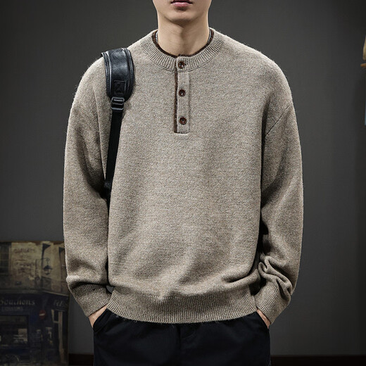 Chaotians autumn and winter new style 550g heavyweight Henry collar sweater men's American trend loose casual warm inner sweater trendy brown S 90-115Jin Jin is equal to 0.5 kg