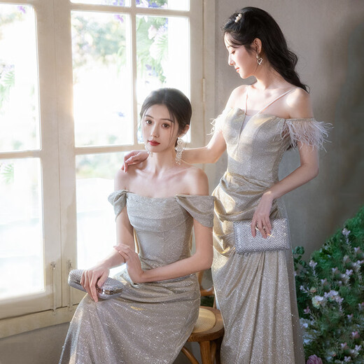 Chuangjingyi selected dress high-end light luxury niche evening dress high-end light luxury niche 2025 new style French engagement party evening champagne gold A style_135CM M