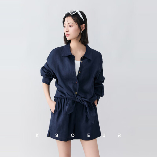 KSOEURK sister 100 linen light oxygen suit lapel single-breasted shirt + elastic waist shorts suit white-shirt S