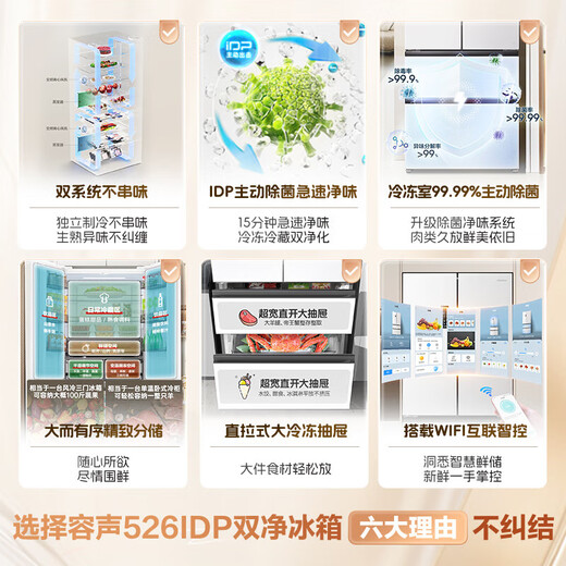 Rongsheng Refrigerator 526 liters dual-clean dual-system French multi-door four-door refrigerator household first-class energy efficiency air-cooled frost-free energy-saving large capacity BCD-526WD1MPA white dual system no odor + IDP active sterilization + air-cooled frost-free