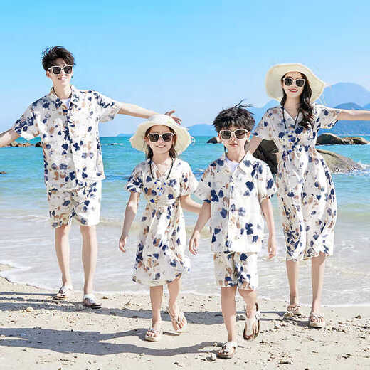 Shijanu parent-child outfits for a family of three on summer seaside vacation, parent-child outfits for a family of three and four, summer outfits, father-son outfits, beach floral shirts, retro splash-ink print suits 165 165 Mom S