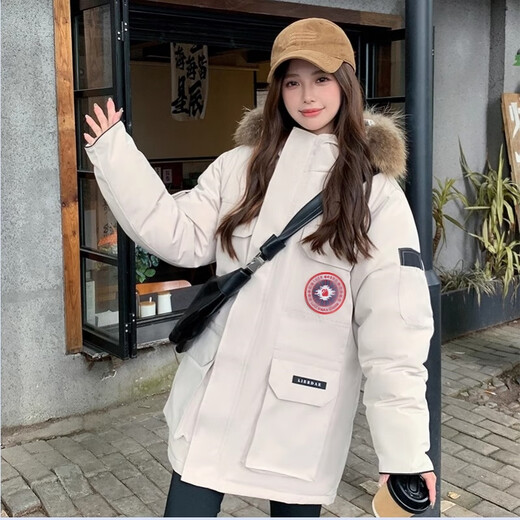 LUCK SWAN GODSE羽绒服女中长款工装派克服男情侣冲锋衣冬季极寒大衣加厚保暖外套 米白色-加拿大08远征大鹅风格 -男女同款 M 【建议体重：90-105斤】