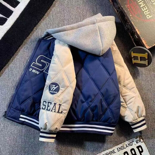 Boys' winter cotton clothing, medium and large children's loose baseball uniforms, children's loose autumn and winter quilted jackets 2025 new tops, blue second cotton baseball uniforms 120 120cm recommended height 1 point 1 meter