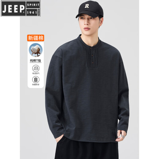 JEEP SPIRIT fashionable and versatile Henry collar skin-friendly cotton long-sleeved T-shirt men's spring and autumn new loose casual bottoming shirt sweatshirt jacket dark gray L