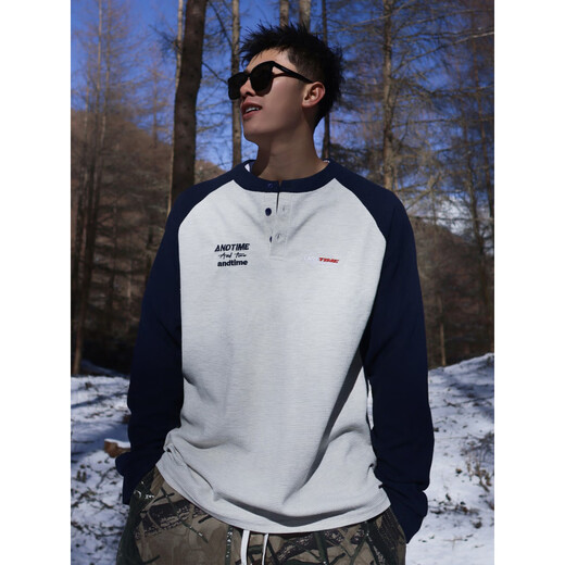 LI NING Li Ning Henry Collar Long Sleeve Antique Splicing Heavy Waffle American Casual Sports Bottoming Knitted Sweater Waffle Long Sleeve ATIME Embroidered Gray Blue M _160-170cm85-125Jin Jin is equal to 0.5 kg