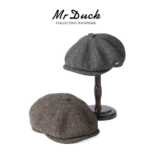 Mr DUCK Prussia winter octagonal beret handmade woolen men's herringbone literary intellectual newsboy cap herringbone dark gray (thick and warm)-MW56165 L (suitable for 58-59cm head circumference)