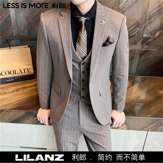 LESS IS MORE Lilang three-piece suit suit men's striped business formal wear Korean style trendy slim and handsome groom wedding dress official flagship black counter genuine M