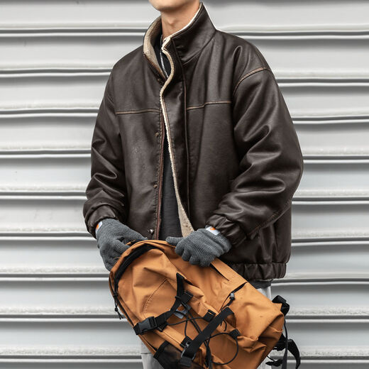 American winter men's Maillard jacket, retro colored leather jacket, casual versatile cotton jacket, trendy coffee color S S